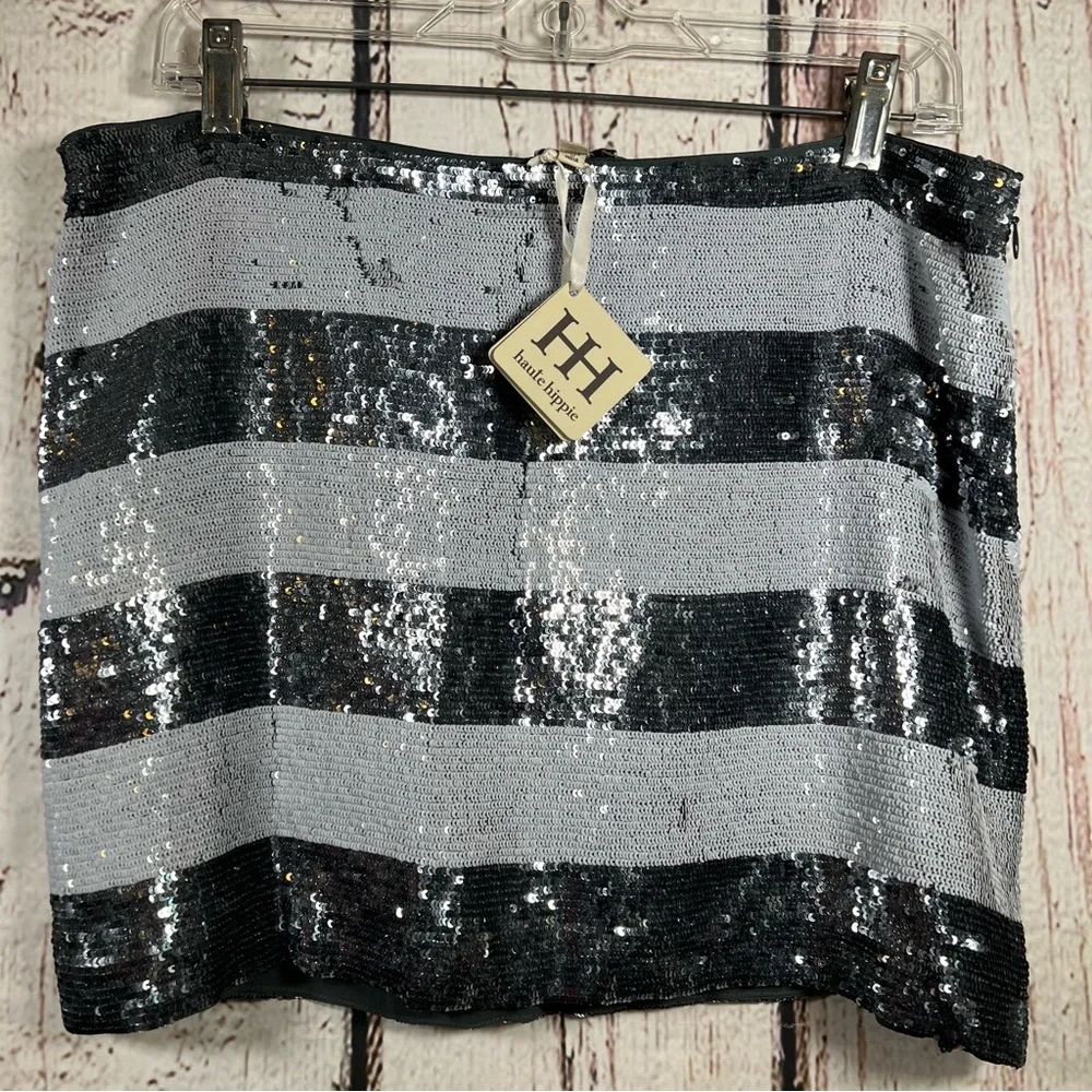 NEW Haute Hippie Striped Metallic Sequins 100% Silk Mini Skirt $395 MSRP LARGE - Picture 2 of 16